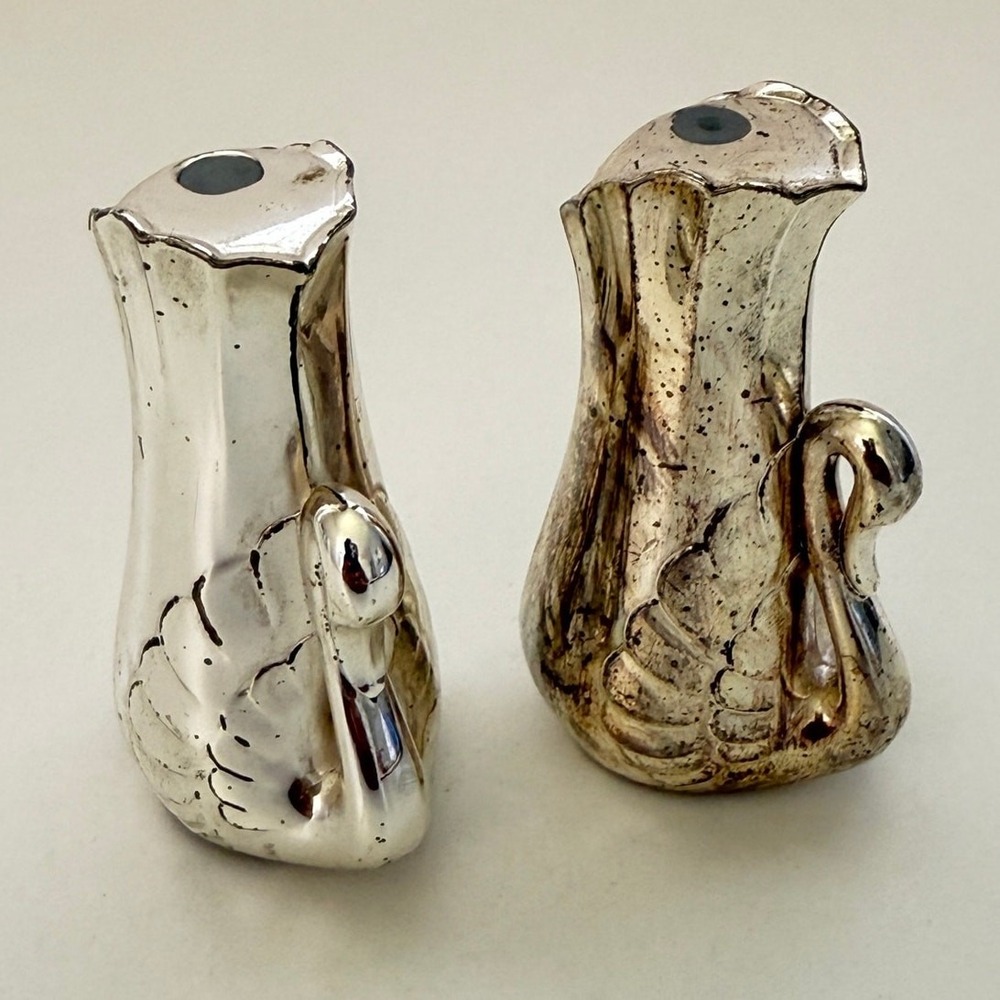 Vintage 90s Swan Salt And Pepper Shakers Silver Plated Collectible Retro 1.5"x3"